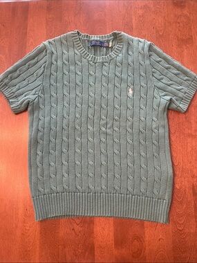 Green Polo Ralph Lauren Crew Neck Short Sleeve Cable Cotton Knit Sweater Large